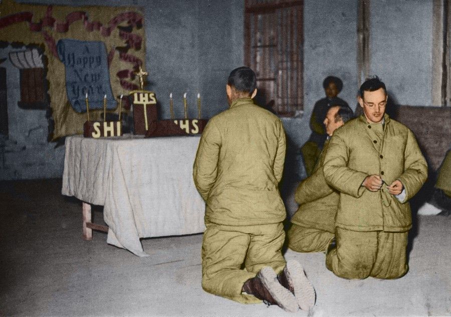 UNC POWs at Sunday service; their religious needs were respected.