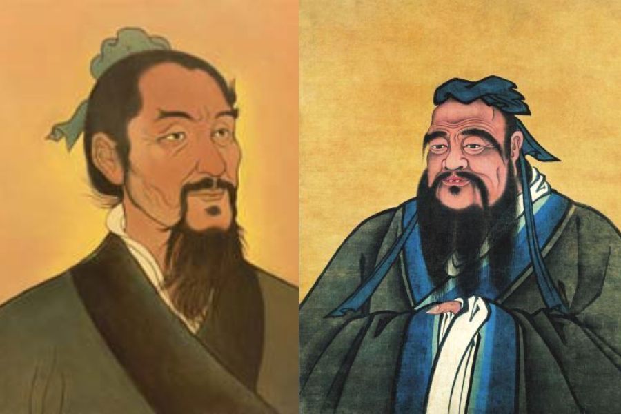 Mozi (left) and Confucius, each with conflicting ideas of the "ghost". (Internet)