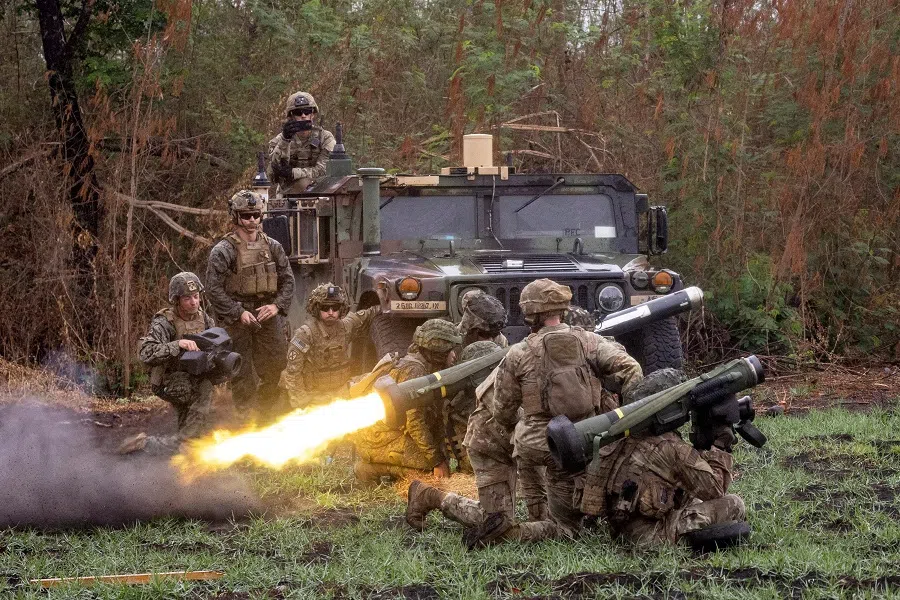 A Philippine soldier fires a Javelin anti-tank weapon system during a live exercise as part of the annual US-Philippines joint military exercises called "Balikatan" at Fort Magsaysay, Nueva Ecija province, Philippines, on 13 April 2023. (Eloisa Lopez/Reuters)
