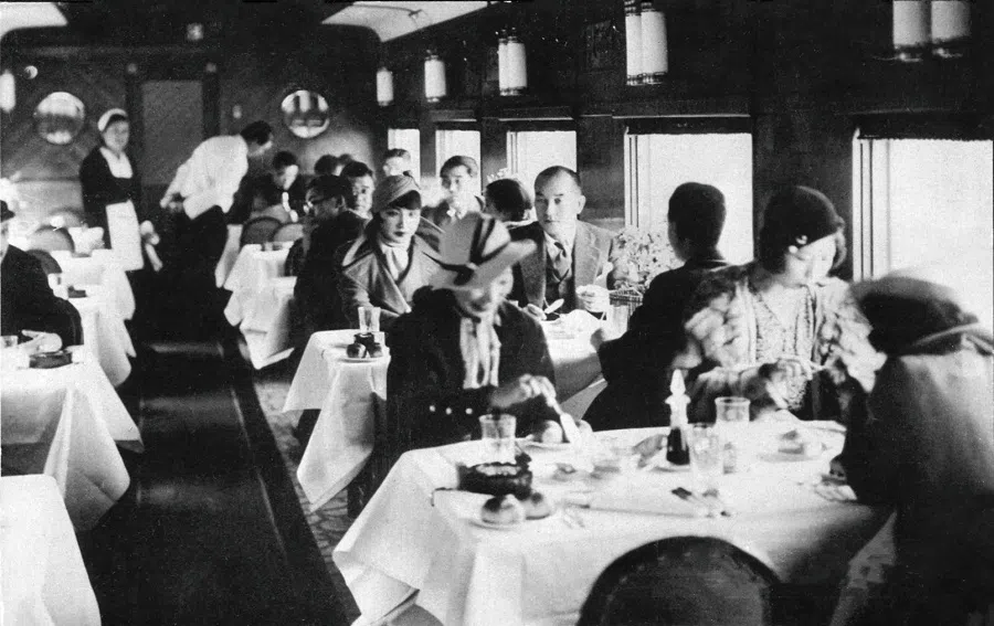 The European-style dining car of the Asia Express, circa 1935.