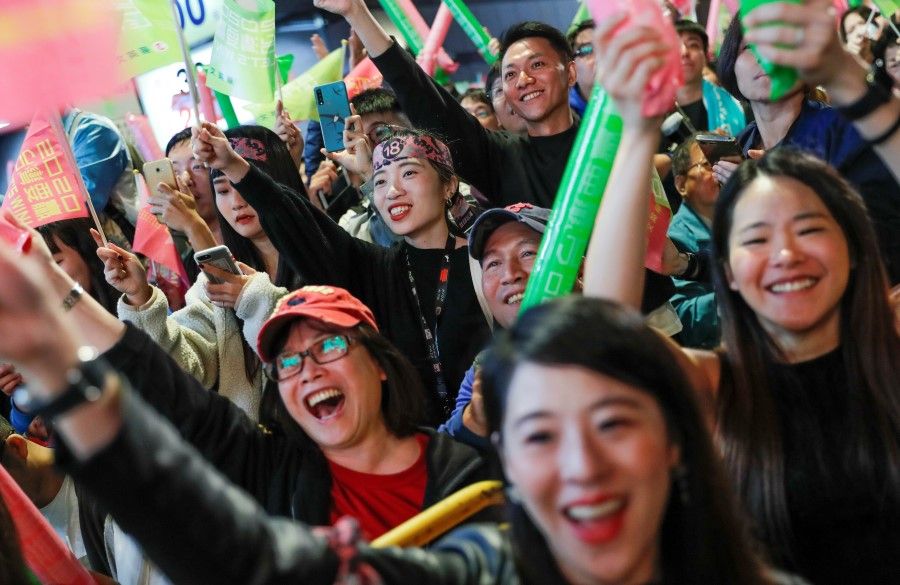 Supporters of Taiwan President Tsai Ing-wen outside the Democratic Progressive Party (DPP) headquarters in Taipei, January 2020. Young people played a big role in Tsai's win, and will continue to exert an influence in the future. (Tyrone Siu/REUTERS)