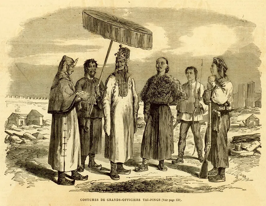 An engraving from a Western illustrated publication in 1864, reporting on the Guangdong uprising and the establishment of the Taiping Heavenly Kingdom’s capital in Nanjing. Hong Xiuquan, the Heavenly King, is shown in the centre.