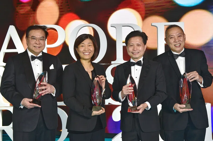Singapore Business Awards 2019 recipients from left to right: Samuel Tsien, OCBC Bank’s CEO (Outstanding Chief Executive Officer of the Year 2018); Jenny Lee, managing partner, Shanghai GGV Capital (Outstanding Overseas Executive of the Year 2018); Kong Chee Min, CEO of Centurion Corporation (The Enterprise Award 2018); and Lim Hock Chee, CEO of Sheng Siong Supermarket Pte Ltd (Businessman of the Year 2018), at the gala dinner at Ritz-Charlton Millenia, Singapore. (SPH Media)