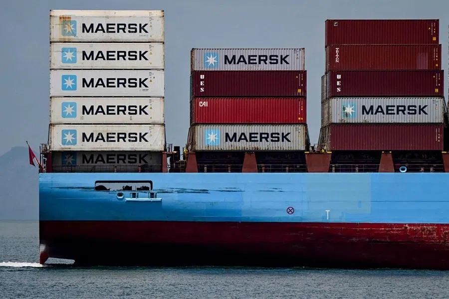 A cargo ship carrying containers from the Danish company Maersk sails into the Pacific entrance of the Panama Canal in Panama City on 21 April 2026.