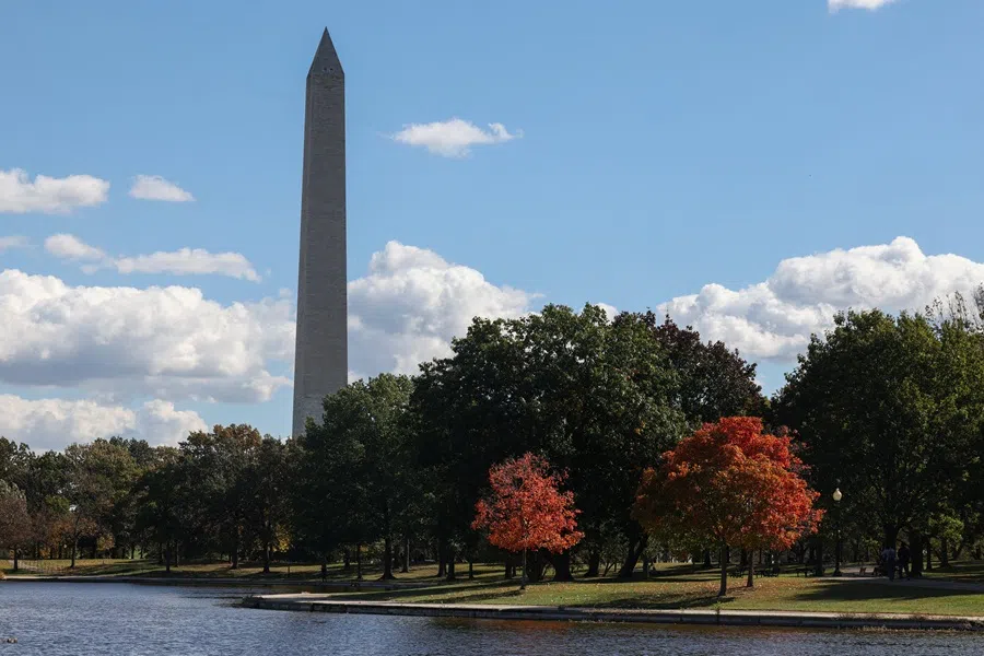 Trees with autumn leaves stand on the National Mall near the Washington Monument in Washington, DC, US on 22 October 2025. (Kylie Cooper/Reuters)