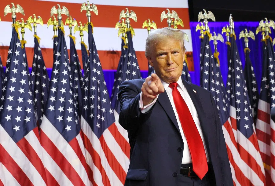 Donald Trump takes the stage to address supporters at his rally, at the Palm Beach County Convention Center in West Palm Beach, Florida, US on 6 November 2024. 