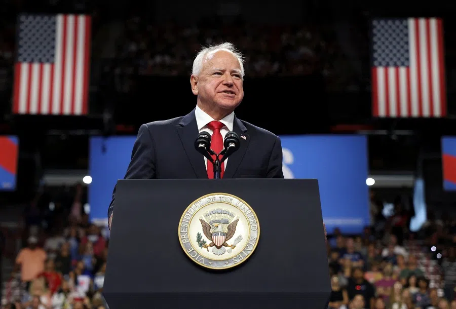 Democratic vice presidential candidate and Minnesota governor Tim Walz speaks at a campaign event with Democratic presidential candidate and US Vice-President Kamala Harris at University of Nevada, Las Vegas, 10 August 2024. (Kevin Mohatt/Reuters)