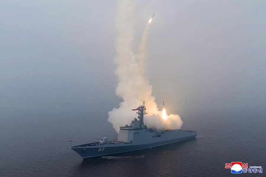 This picture taken on 4 March 2026 and released by North Korea's official Korean Central News Agency (KCNA) on 5 March 2026 shows a sea-to-surface strategic cruise missile test launch conducted on the destroyer Choe Hyon at an undisclosed location in North Korea.