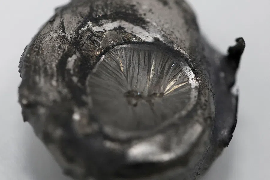 A sample of terbium (Tb) is displayed at the Laboratory of Physics and Material studies in Paris, France, on 23 June 2025. (Benoit Tessier/Reuters)