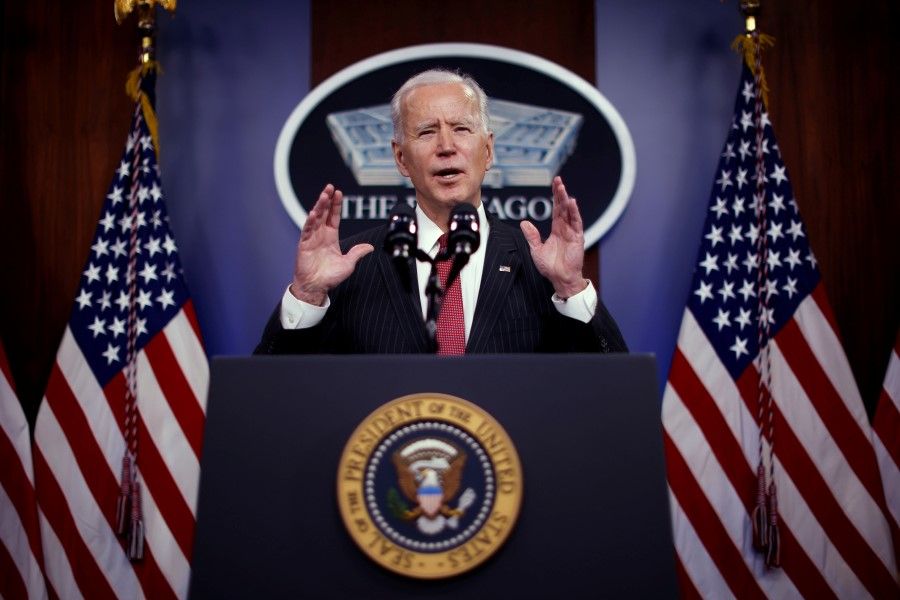 US President Joe Biden delivers remarks to Defense Department personnel during a visit to the Pentagon in Arlington, Virginia, US, 10 February 2021. (Carlos Barria/Reuters)
