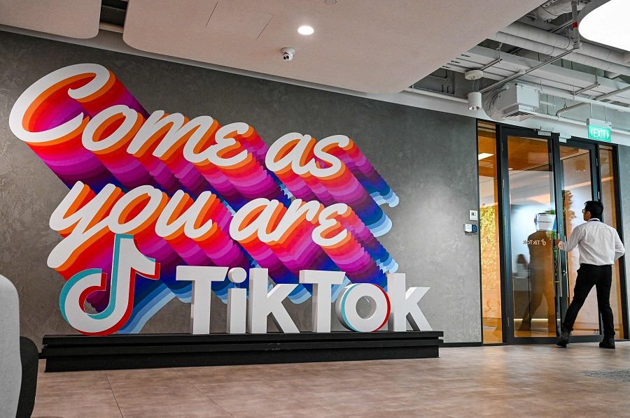 A logo of Tik Tok is seen during a media tour at the company's headquarters in Singapore on 7 September 2023. (Roslan Rahman/AFP)