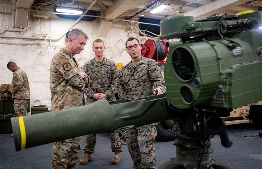 Chairman of the US Joint Chiefs of Staff General Dan Caine views a missile launcher aboard the US Navy amphibious dock ship USS Fort Lauderdale in the Caribbean Sea, on 8 September 2025. (DoD/Benjamin Applebaum/Handout via Reuters)