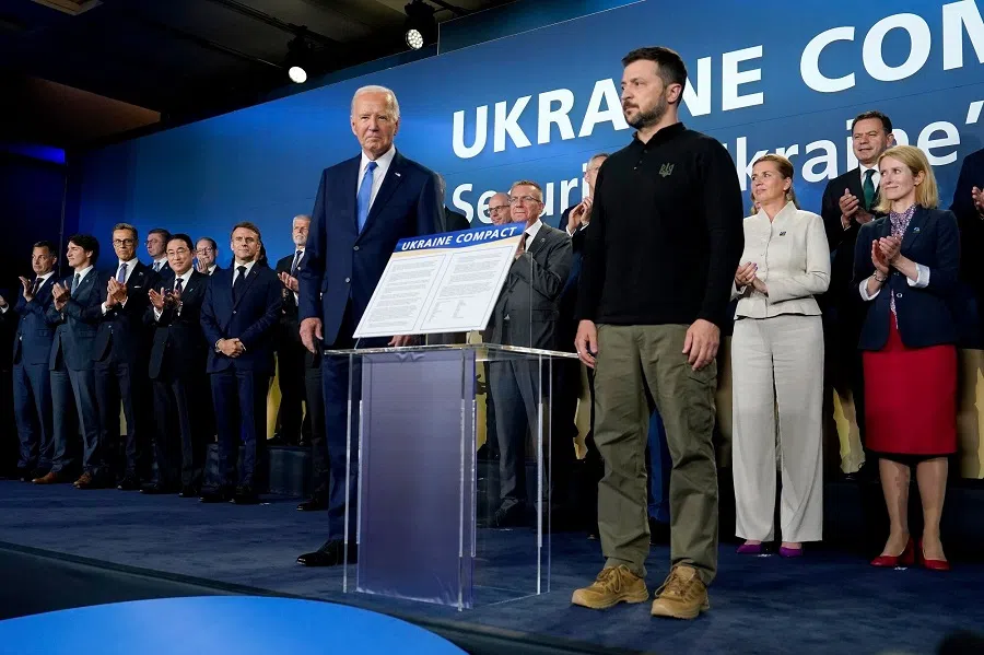 US President Joe Biden, center left, and Volodymyr Zelenskiy, Ukraine’s president, center right, at a meeting on the Ukraine Compact during the NATO Summit in Washington, DC, US, on 11 July 2024.
