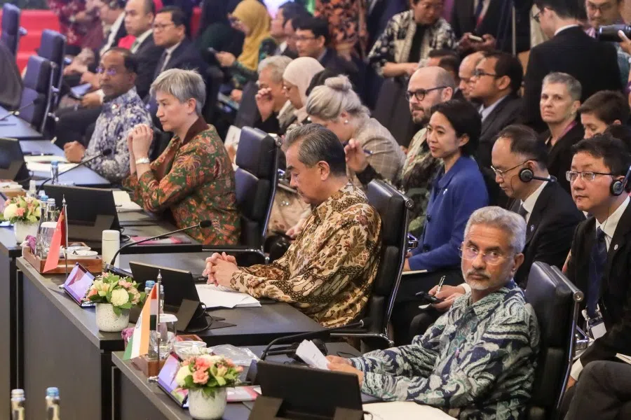 (Left to right) Malaysia's Foreign Minister Zambry Abdul Kadir, Australia's Foreign Minister Penny Wong, Director of the Office of the Foreign Affairs Commission of the Communist Party of China's Central Committee Wang Yi and India's Foreign Minister Subrahmanyam Jaishankar attend the ASEAN Foreign Ministers' Meeting in Jakarta on 14 July 2023. (Adi Weda/AFP)