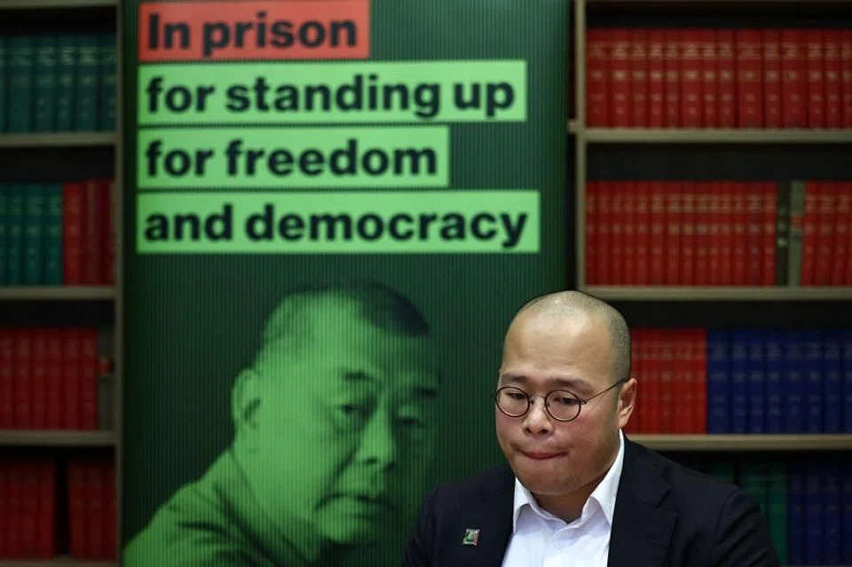 Sebastien Lai Sung-yan, son of jailed Hong Kong media mogul Jimmy Lai, speaks during an interview with AFP, following a press conference in London on 15 December 2025, after his father was found guilty on three charges in his national security trial. (Henry Nicholls/AFP)