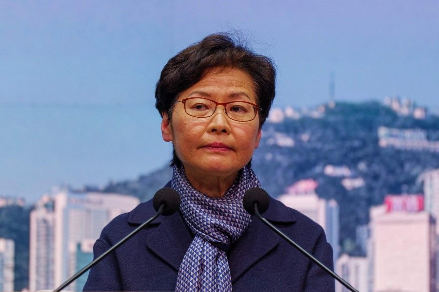 Hong Kong's Chief Executive Carrie Lam takes part in a press conference at the government headquarters in Hong Kong on 18 February 2022. (Daniel Suen/AFP)