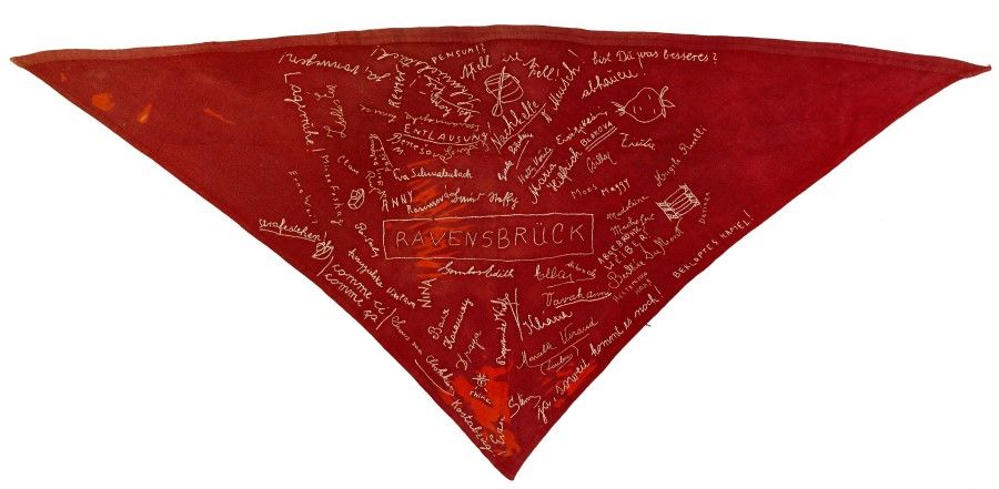 A kerchief embroidered with the names of inmates at Ravensbrück. (Yad Vashem)