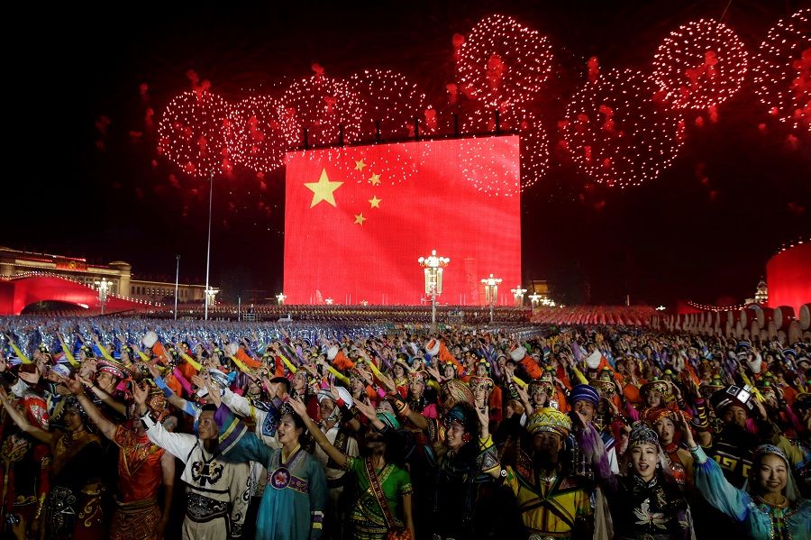 Fireworks at Tiananmen Square during the evening gala of the PRC's 70th anniversary celebrations (Jason Lee/Reuters)