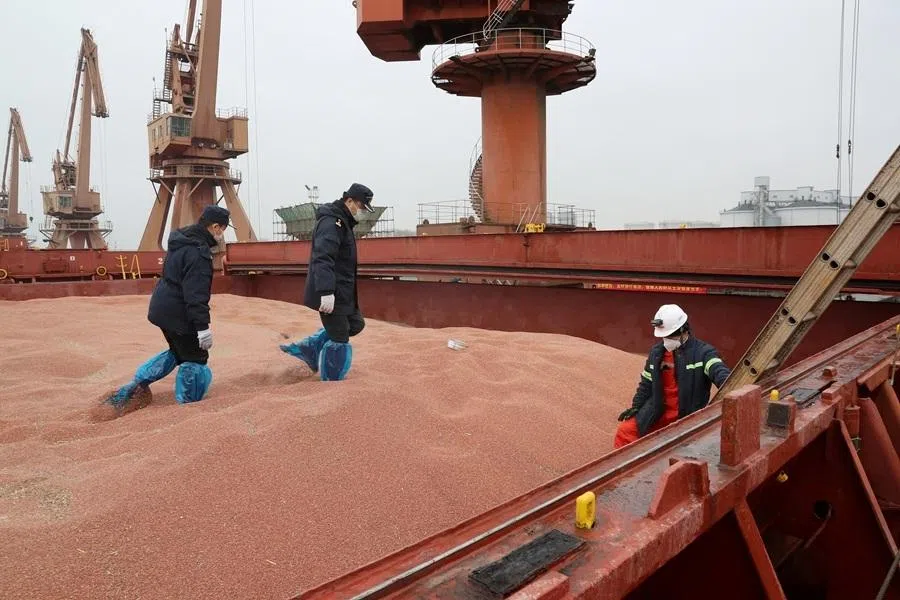 Customs officers inspect a shipment of sorghum from the US on a cargo ship at the port in Nantong, Jiangsu province, China, on 11 February 2020.