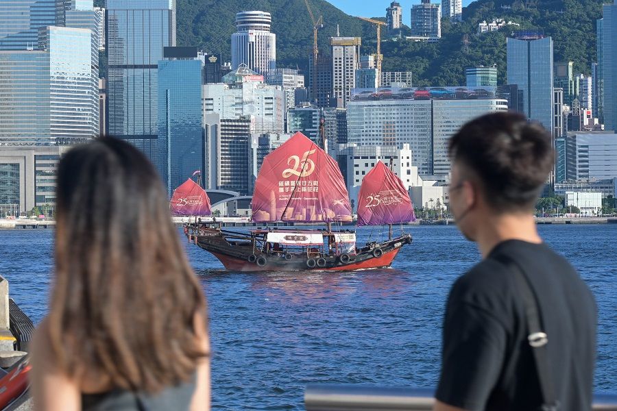 A sailboat with a slogan celebrating the 25th anniversary of Hong Kong's handover from Britain to China sails at the Victoria Harbour in Hong Kong, 27 June 2022. (CNS)