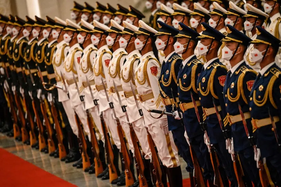 Chinese honour guards prepare for the arrival of Palestinian President Mahmud Abbas and China's President Xi Jinping at the Great Hall of the People in Beijing on 14 June 2023. (Jade Gao/AFP)