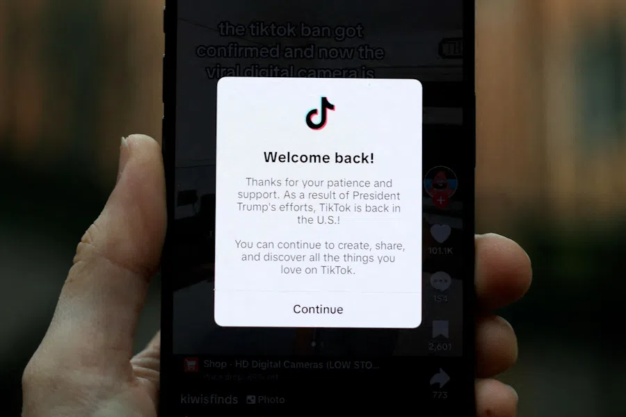 A popup message on TikTok on 19 January 2025, welcoming users back after being unavailable on January 18 to users inside the US after a US Supreme Court ban took effect. 