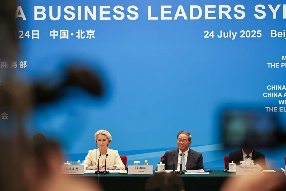 Chinese Premier Li Qiang and President of the European Commission, Ursula von der Leyen attend the EU-China Business Leaders Symposium, at the 25th EU-China summit in the Great Hall of the People, in Beijing, China, on 24 July 2025. (Andres Martinez Casares/Reuters)