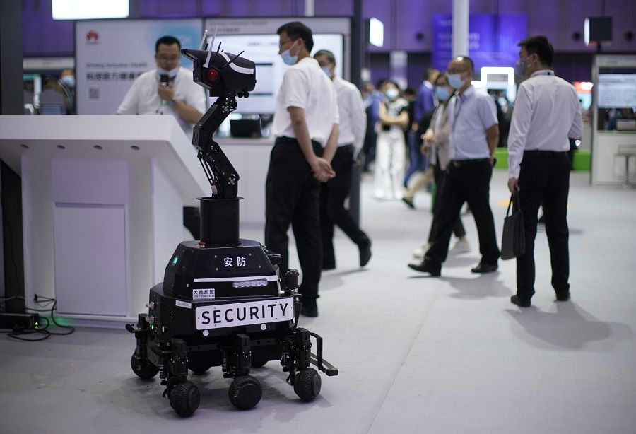 A security robot is seen at a booth during Huawei Connect in Shanghai, China, 23 September 2020. (Aly Song/Reuters)