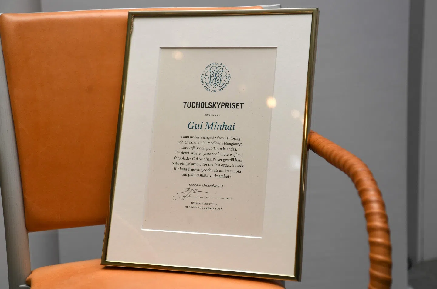The Swedish PEN's Tucholsky Prize given to Chinese-Swedish book publisher Gui Minhai is seen in Stockholm, Sweden on November 15, 2019. (Fredrik Sandberg/TT News Agency/AFP)/Sweden OUT