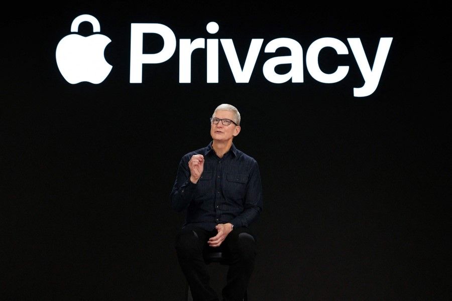 This handout image obtained 7 June 2021 courtesy of Apple Inc. shows Apple CEO Tim Cook previews powerful new privacy protections at Apple's Worldwide Developers Conference at Apple Park in Cupertino, California. (Brooks Kraft/Apple Inc./AFP)