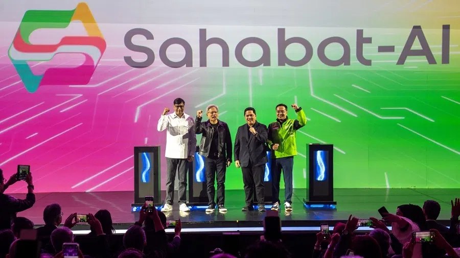 (From left) Vikram Sinha, CEO and director of Indosat Ooredoo Hutchison (IOH); Jensen Huang, founder and CEO of NVIDIA; Erick Thohir, Indonesia's minister of state-owned enterprises; and Patrick Walujo, CEO of GoTo, at the launch of Sahabat-AI in Jakarta, Indonesia, 14 November 2024.