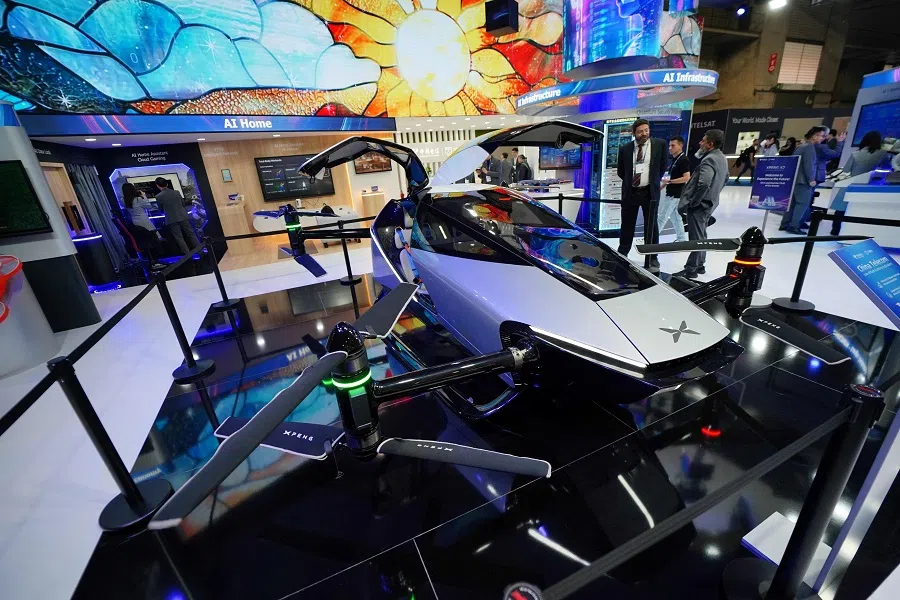The China Telecom’s 5th generation flying car XPENG X2 is pictured at the MWC (Mobile World Congress), the world’s biggest mobile fair, in Barcelona on 4 March 2025. (Manaure Quintero/AFP)