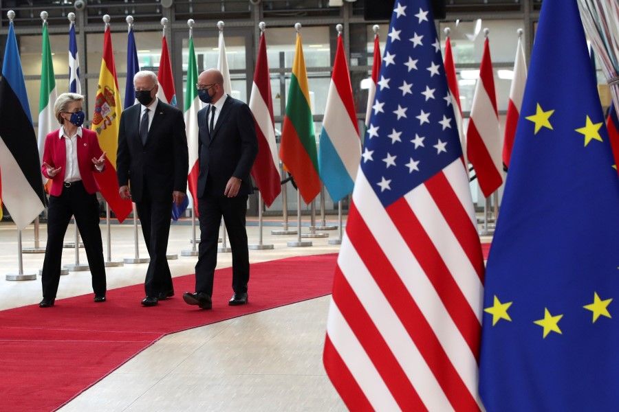 US President Joe Biden walks with European Council President Charles Michel and European Commission President Ursula von der Leyen during the EU-US summit, in Brussels, Belgium, 15 June 2021. (Yves Herman/Reuters)