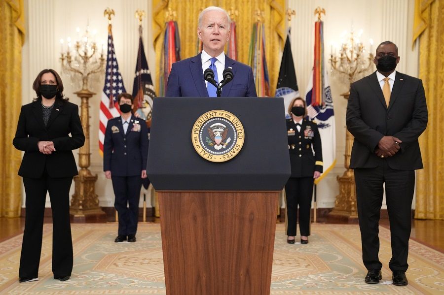 President Joe Biden speaks during an event in the State Dining Room of the White House in Washington, DC, US, on 8 March 2021. (Kevin Dietsch/UPI/Bloomberg)