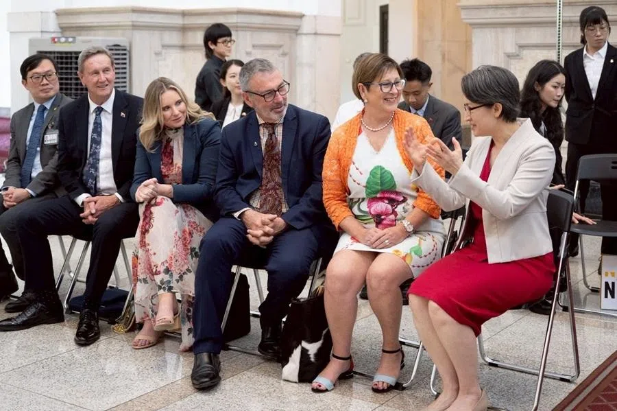 This handout photo taken on 7 May 2026 from the Presidential Office of Taiwan shows Taiwan's Vice-President Hsiao Bi-khim (right) speaking with New Zealand lawmakers (second from right to left) Maureen Pugh, Duncan Webb, Laura McClure and David Wilson at the Presidential Office in Taipei.