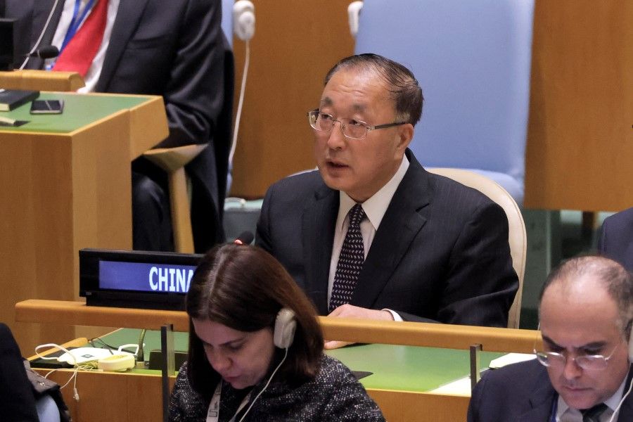 Chinese ambassador to the UN Zhang Jun at an emergency special session of the UNGA on Russia's invasion of Ukraine, at the UN headquarters in New York City, New York, US, 7 April 2022. (Andrew Kelly/Reuters)