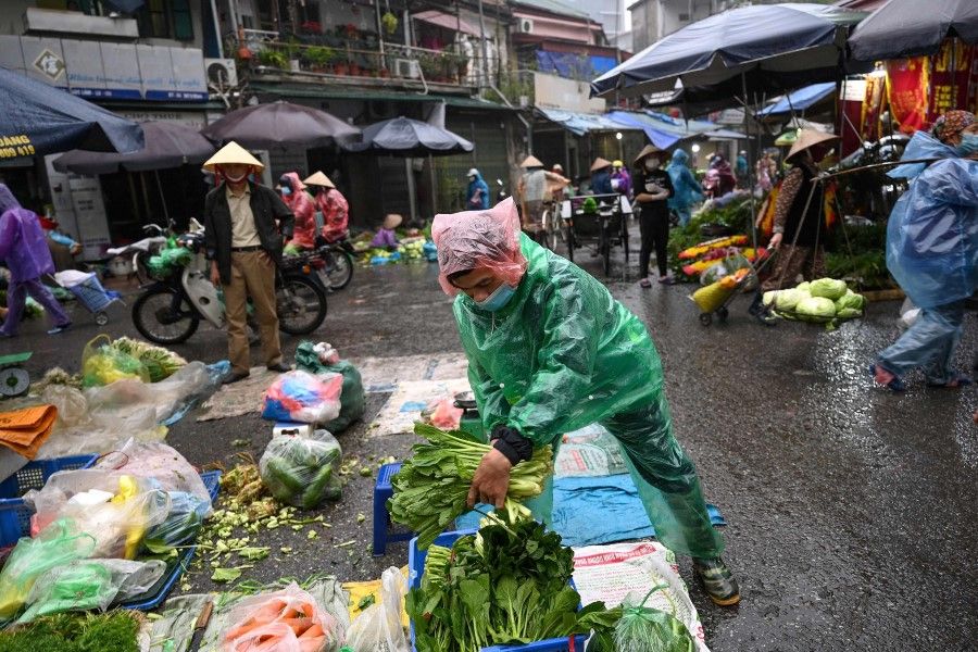 A vendor arranges vegetables at a morning market in Hanoi on 1 March 2021. (Manan Vatsyayana/AFP)