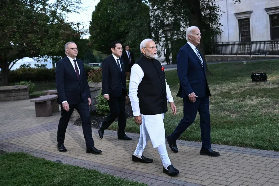 US President Joe Biden (right), alongside Indian Prime Minister Narendra Modi, Australian Prime Minister Anthony Albanese and Japanese Prime Minister Fumio Kishida, during the Quadrilateral Summit at the Archmere Academy in Wilmington, Delaware, on 21 September 2024. (Brendan Smialowski/AFP)