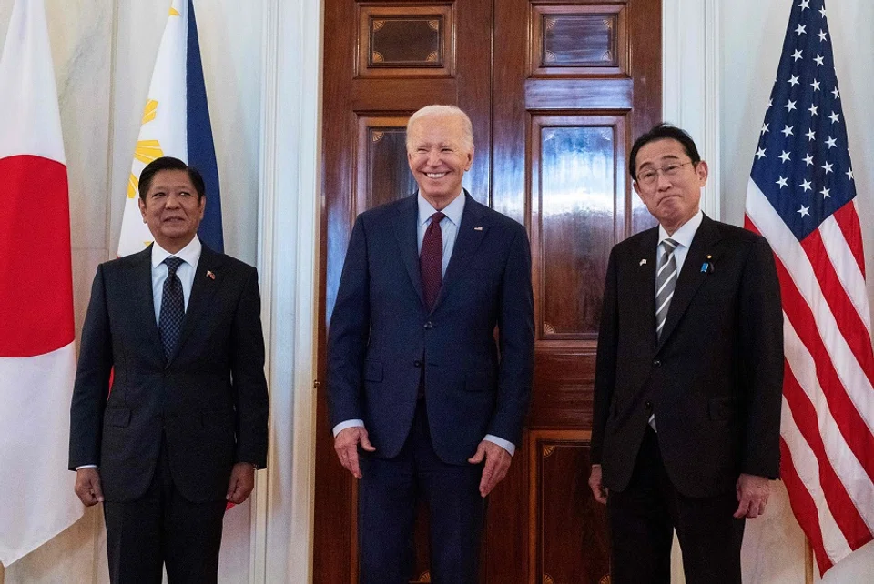 US President Joe Biden speaks to the press with Japanese Prime Minister Fumio Kishida (right) and Philippine President Ferdinand Marcos Jr (left) before a trilateral meeting at the White House in Washington, DC, US, on 11 April 2024. (Andrew Caballero-Reynolds/AFP)