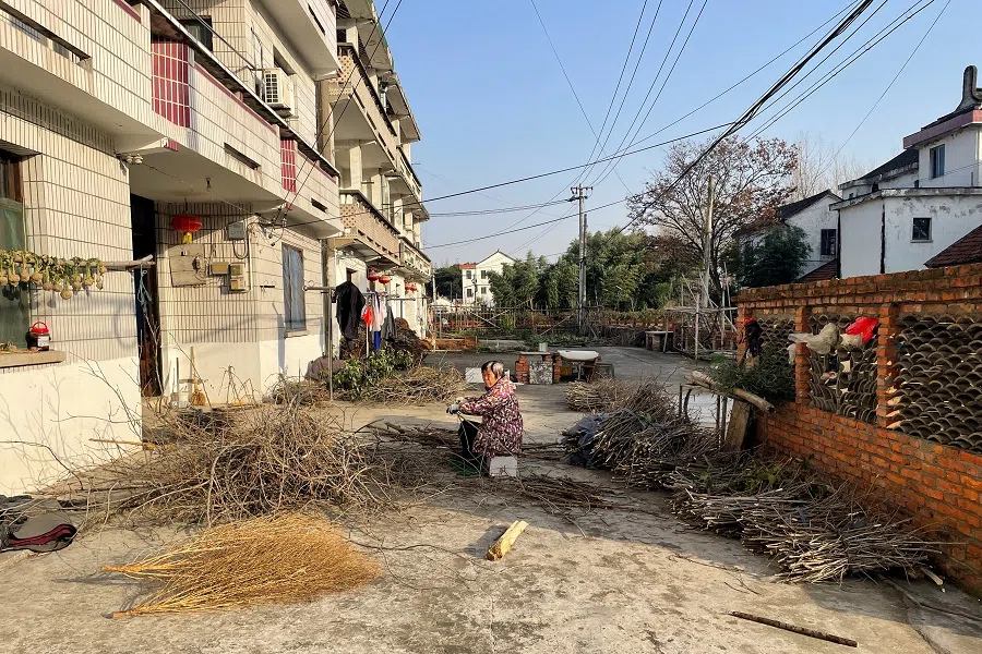 A resident sorts out wood sticks near a vaccination centre in Langxia town on the outskirts of Shanghai, China, 21 December 2022. (Brenda Goh/Reuters)