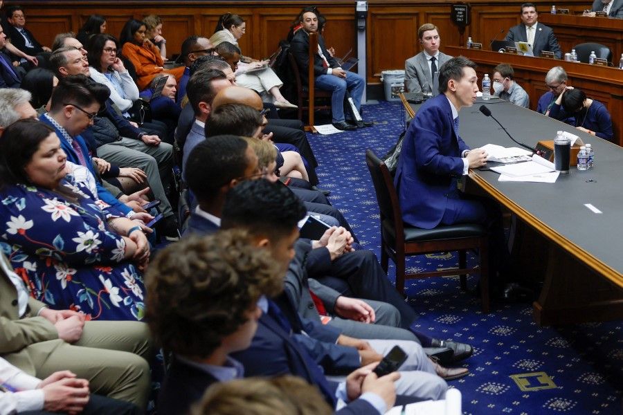 TikTok CEO Chew Shou Zi testifies before a House Energy and Commerce Committee hearing entitled "TikTok: How Congress can Safeguard American Data Privacy and Protect Children from Online Harms," as lawmakers scrutinise the Chinese-owned video-sharing app, on Capitol Hill in Washington, US, 23 March 2023. (Evelyn Hockstein/Reuters)