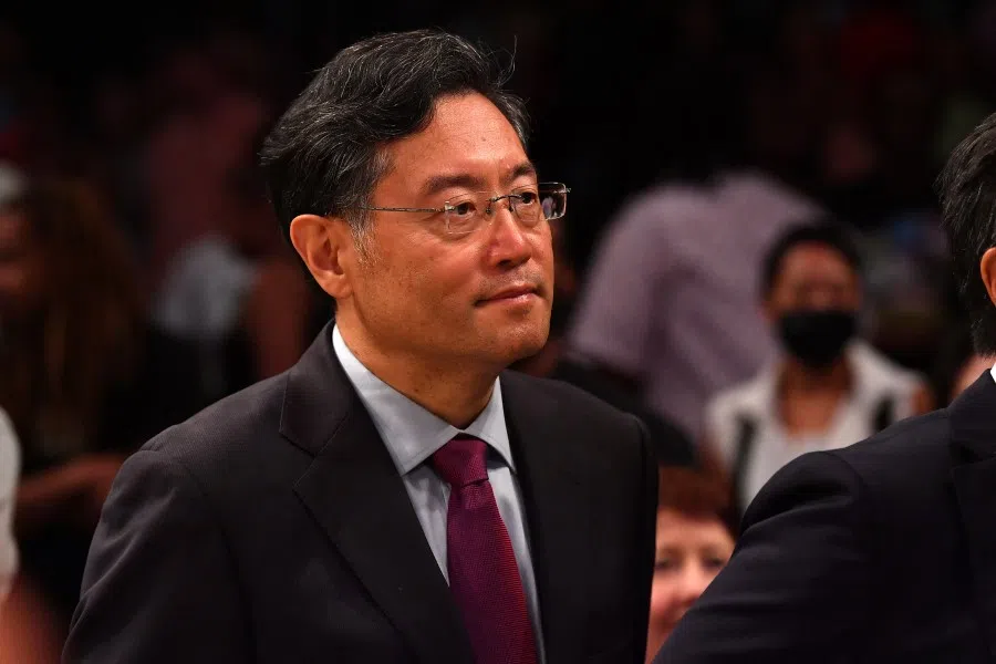 Ambassador Qin Gang looks on during the game between the Chicago Sky and the New York Liberty on 23 July 2022 at the Barclays Center in Brooklyn, New York. (Catalina Fragoso/NBAE/AFP)