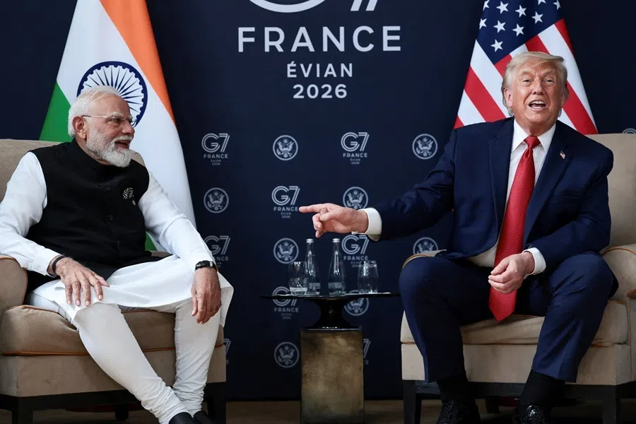 US President Donald Trump attends a bilateral meeting with Indian Prime Minister Narendra Modi during the G7 Summit in Evian-les-Bains, France, 17 June 2026.
