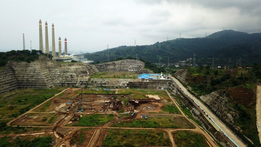 Aerial view of the construction site of the Jawa 9 & 10 power plant in Banten Province, west of Jakarta. The 2,000-megawatt project is adjacent to other coal-fired power stations and energy analysts say the new plant is not needed and will add to the grid's overcapacity. (Melvinas Priananda/Market Forces)