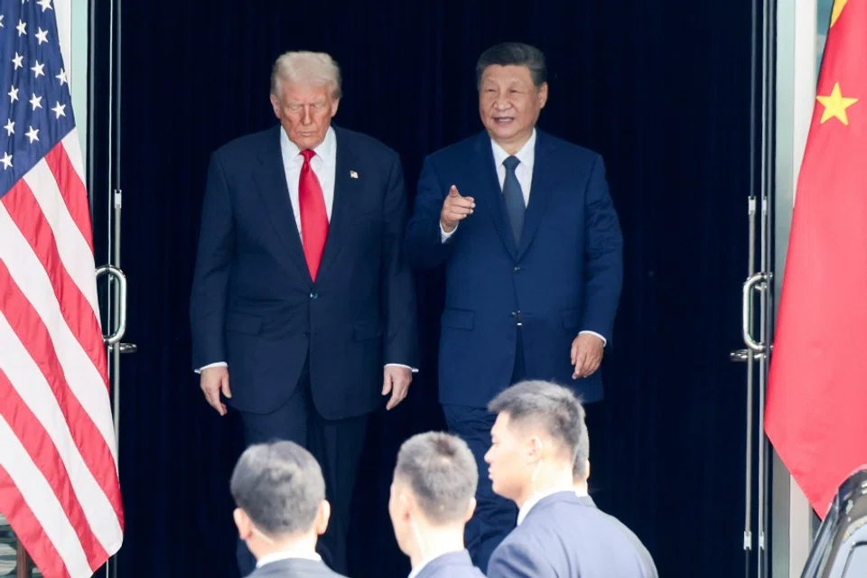 US President Donald Trump and Chinese President Xi Jinping talk as they leave after a bilateral meeting at Gimhae International Airport, on the sidelines of the Asia-Pacific Economic Cooperation (APEC) summit, in Busan, South Korea, 30 October 2025. (Evelyn Hockstein/Reuters)
