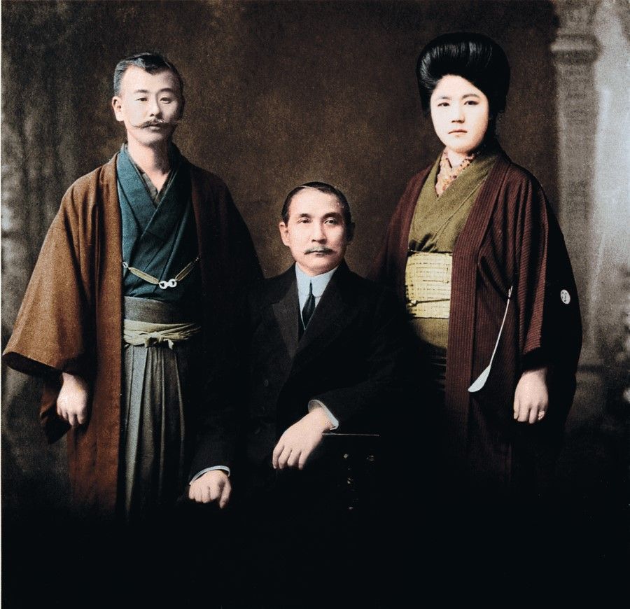 Sun Yat-sen (centre) with friend Shōkichi Umeya and wife, March 1914. Umeya was a firm supporter of Sun's revolutionary efforts, and provided resources and supplies to Sun during his exile in Japan.