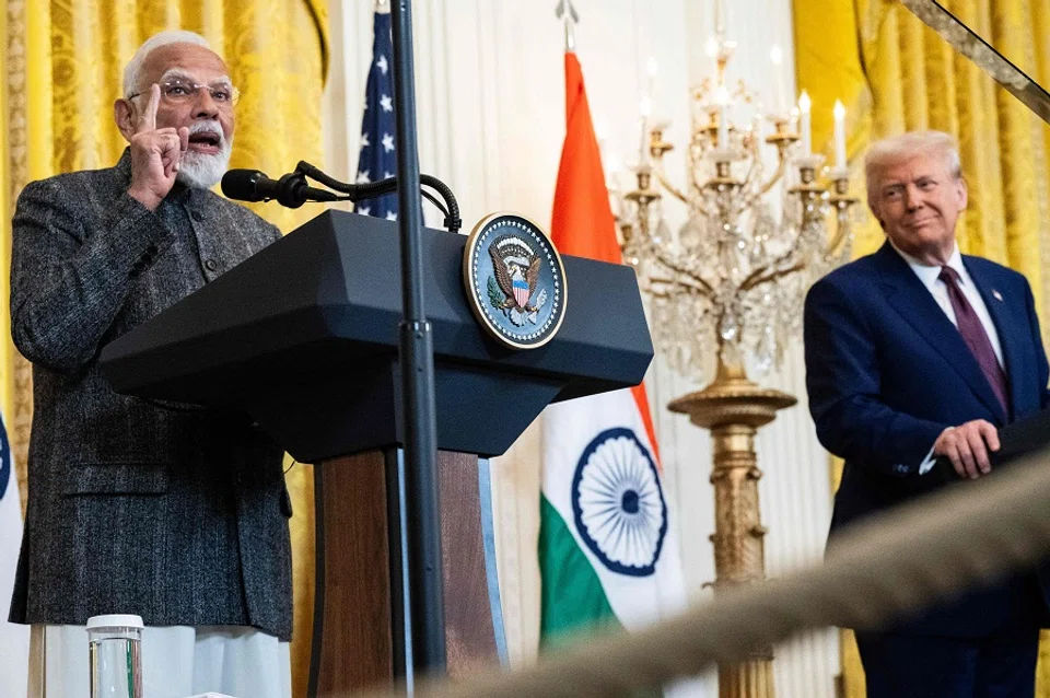 US President Donald Trump and Indian Prime Minister Narendra Modi hold a joint press conference in the East Room of the White House in Washington, DC, on 13 February 2025.  (Andrew Caballero-Reynolds/AFP)