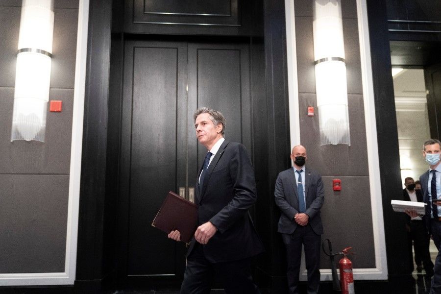 US Secretary of State Antony Blinken is shown arriving to give a press conference in the Jordanian capital Amman, on 26 May 2021. Alex Brandon/AFP)