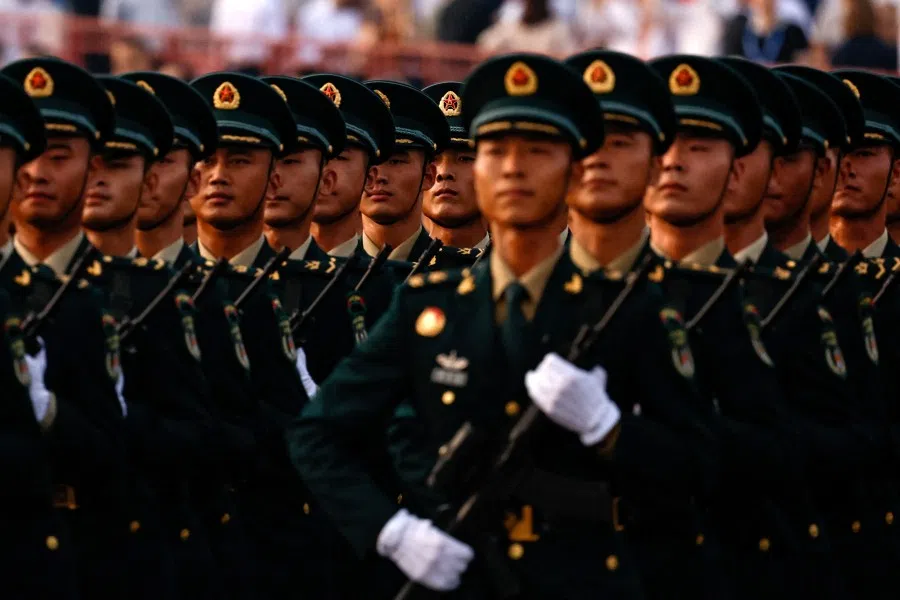 Chinese Rocket Force personnel march during the rehearsal ahead of a military parade to mark the 80th anniversary of the end of World War II, in Beijing, China, 3 September 2025.