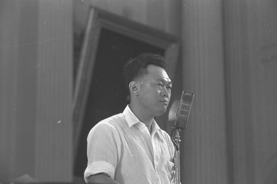 Mr Lee Kuan Yew speaking at the People's Action Party's annual conference at the Victoria Memorial Hall, 26 June 1955. (SPH)